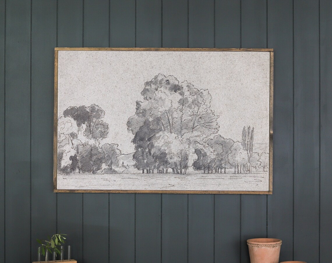 Charcoal Tree Cluster Landscape Sketch Vintage Style Country Poster