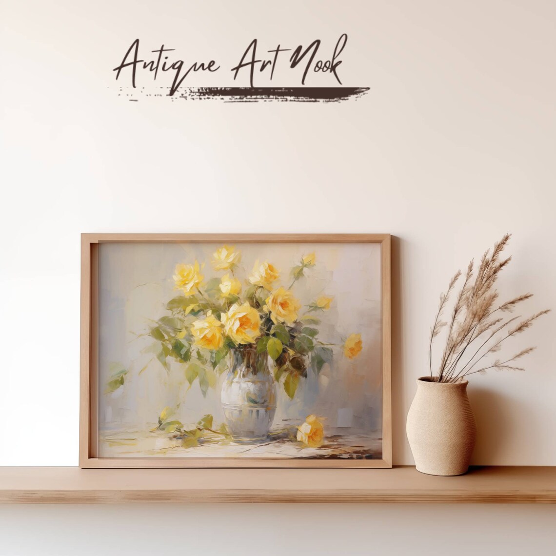 Yellow Roses in Vase, Vintage Still Life Art Print - Image 2