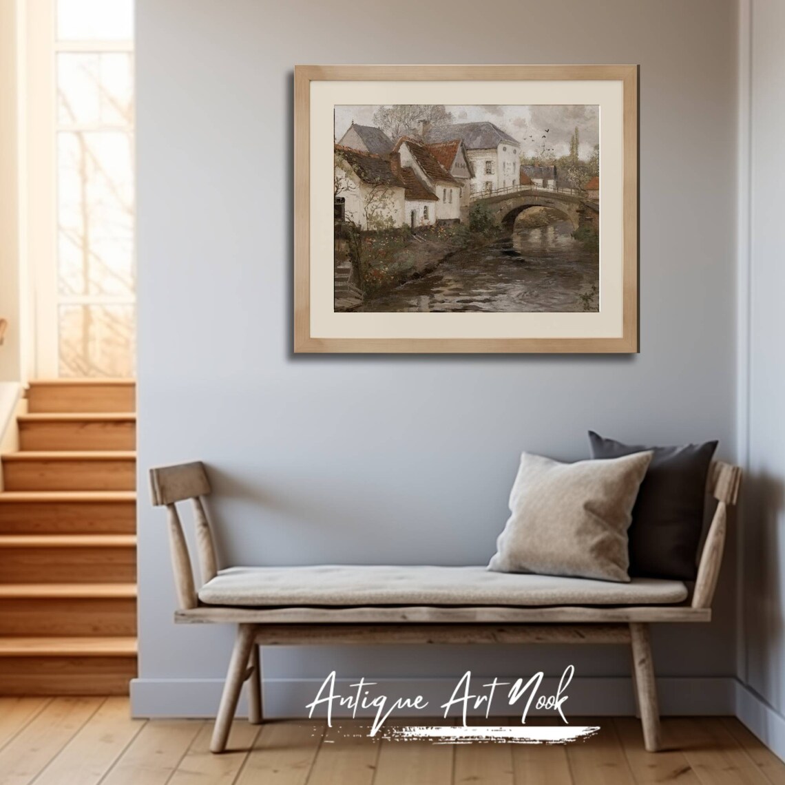 Village Countryside Landscape, Antique Vintage Decor - Image 3