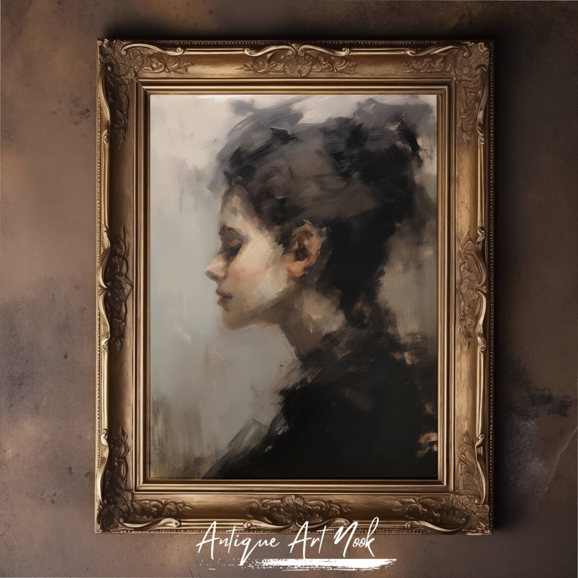 Moody Woman in Profile Loose Brushstroke Oil Portrait Painting Poster - Image 3