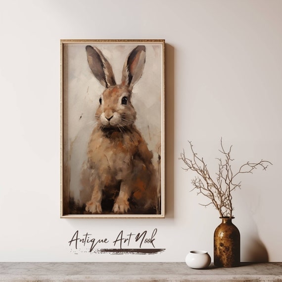 Moody Rabbit Wall Art Antique Bunny Oil Painting Instant Vintage Cottage Decor Perfect Easter Gift For Animal Lovers For Her