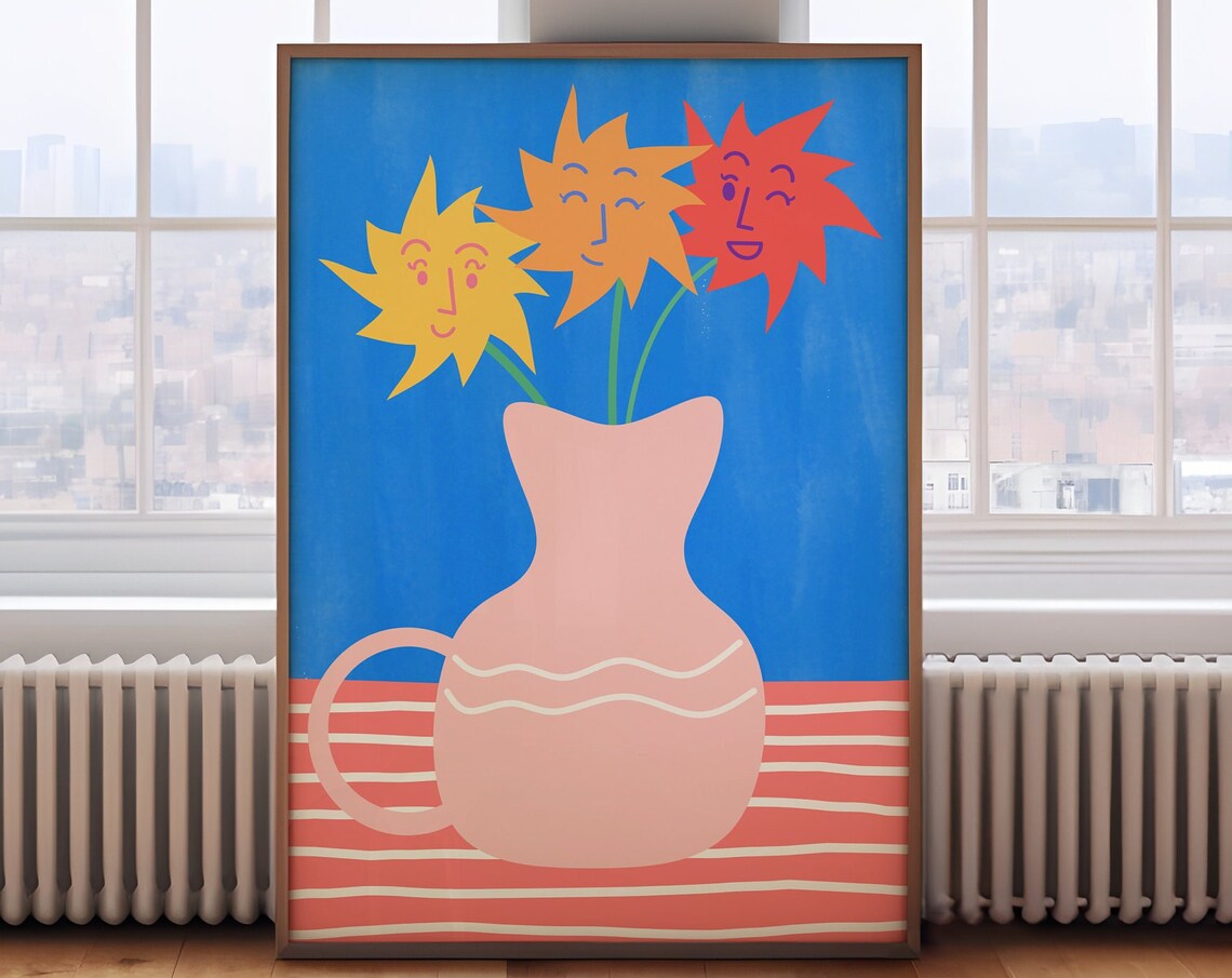 Smiling Sun Flowers in Pink Jug Colorful Modern Living Room Poster - Image 2