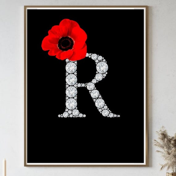 Diamond Letter R Wall Art Red Flower Monogram Print Elegant Initial Poster Personalized Name Decor Luxury Alphabet Glam
