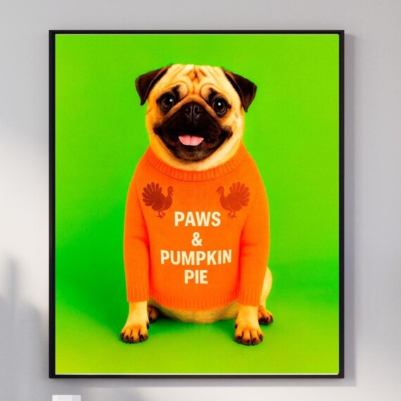 Paws Pumpkin Pie Fawn Pug Wall Art Cute Thanksgiving Dog Print Fall Lover Gift Cozy Pet Decor