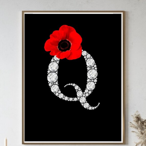 Diamond Monogram Initial Q Red Poppy Flower Glam Black Poster