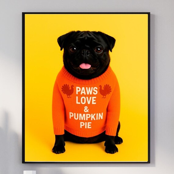 Paws Love Pumpkin Pie Pug Wall Art Funny Thanksgiving Dog Print Black Decor Fall Pet Lover Gift Artwork
