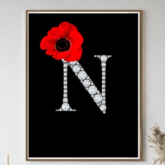 Diamond Letter N Wall Art, Elegant Initial Poster