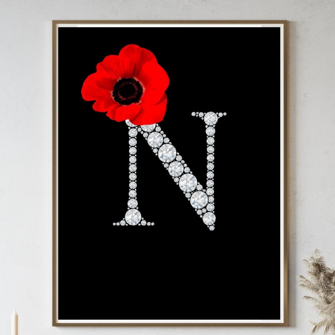 Diamond Letter N Wall Art, Elegant Initial Poster