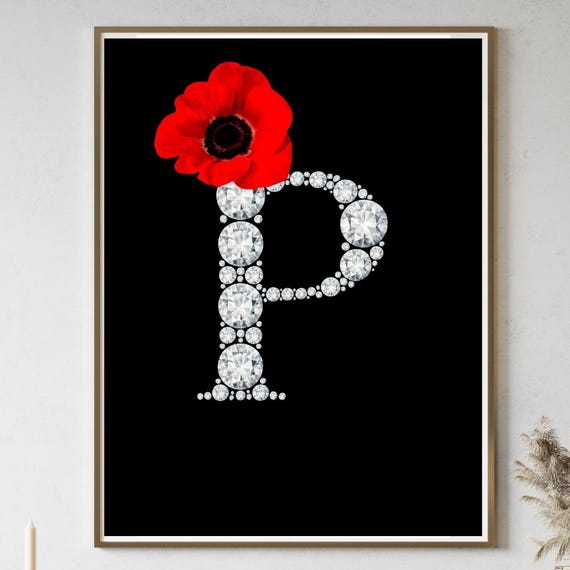 Diamond Letter P Wall Art Red Flower Monogram Print Elegant Initial Poster Personalized Name Decor Luxury Alphabet Glam