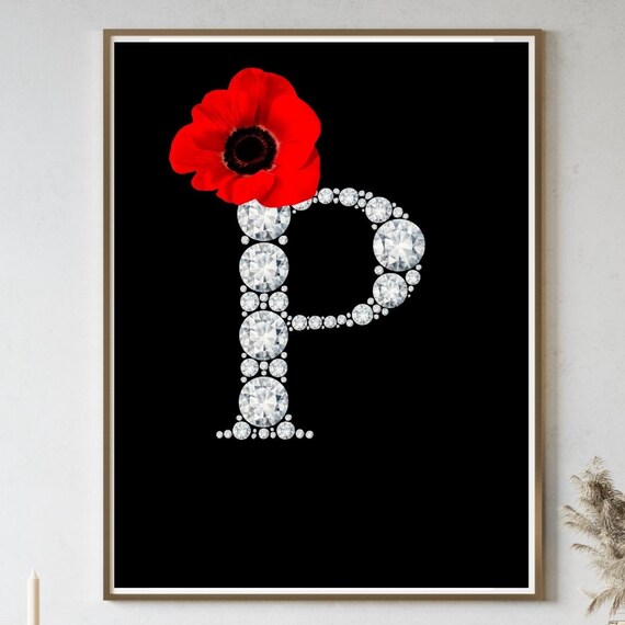 Diamond Monogram Initial P Red Poppy Flower Glam Black Poster