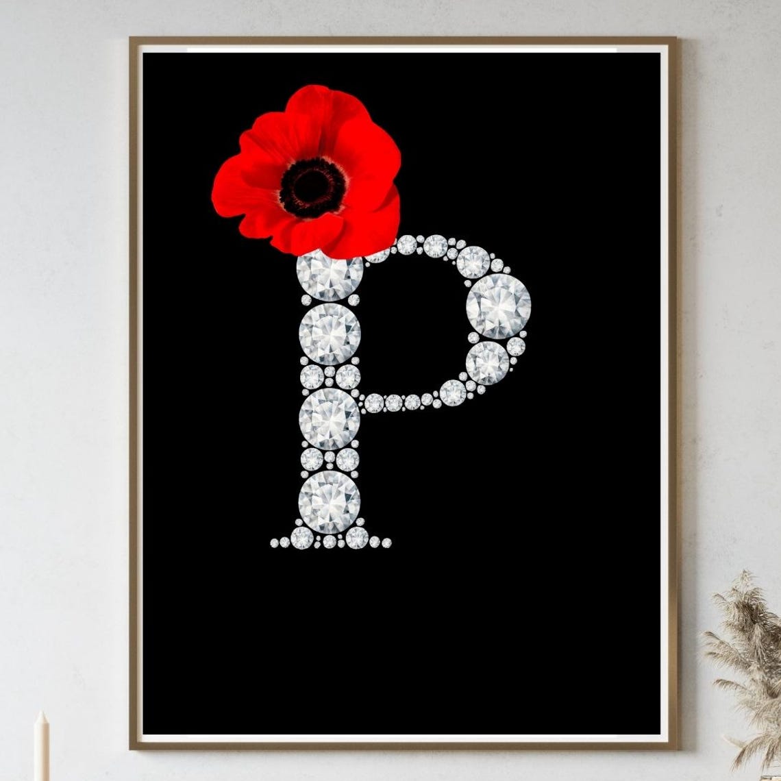 Diamond Monogram Initial P Red Poppy Flower Glam Black Poster