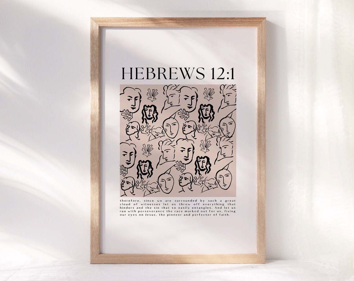 Hebrews 12 Cloud of Witnesses Faces Line Art Christian Scripture Poster