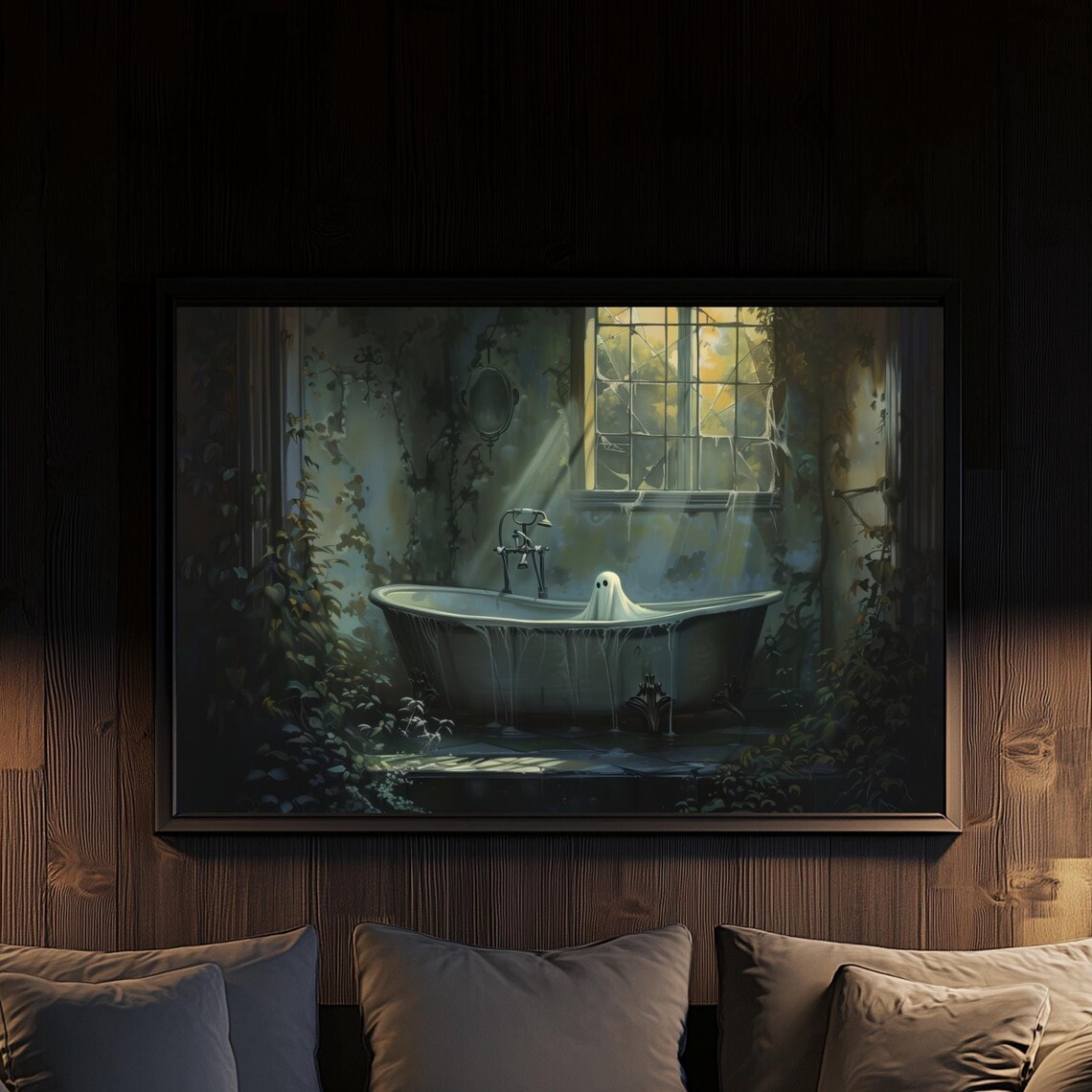 Cute Ghost In A Bathtub Overgrown Spooky Bathroom Art Poster