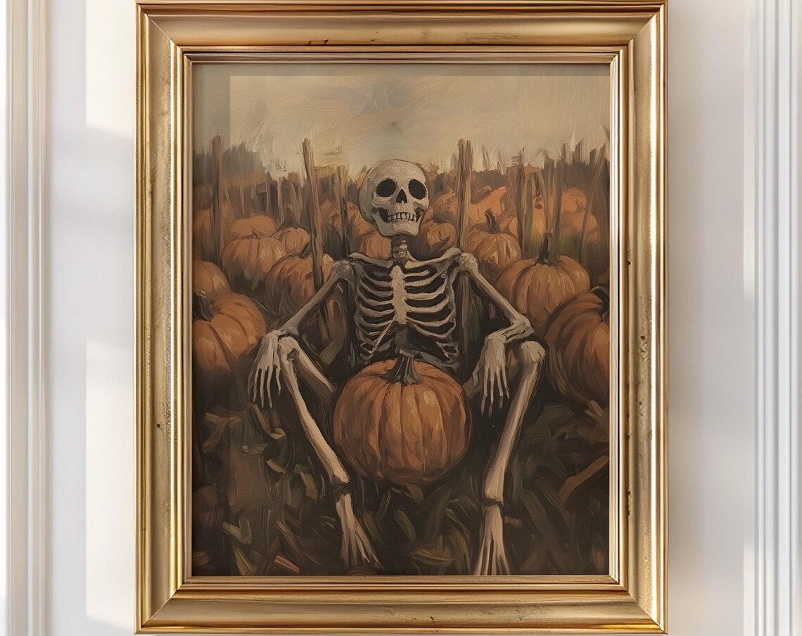 Pumpkin Patch Skeleton Resting Moody Vintage Halloween Oil Painting Poster - Image 3
