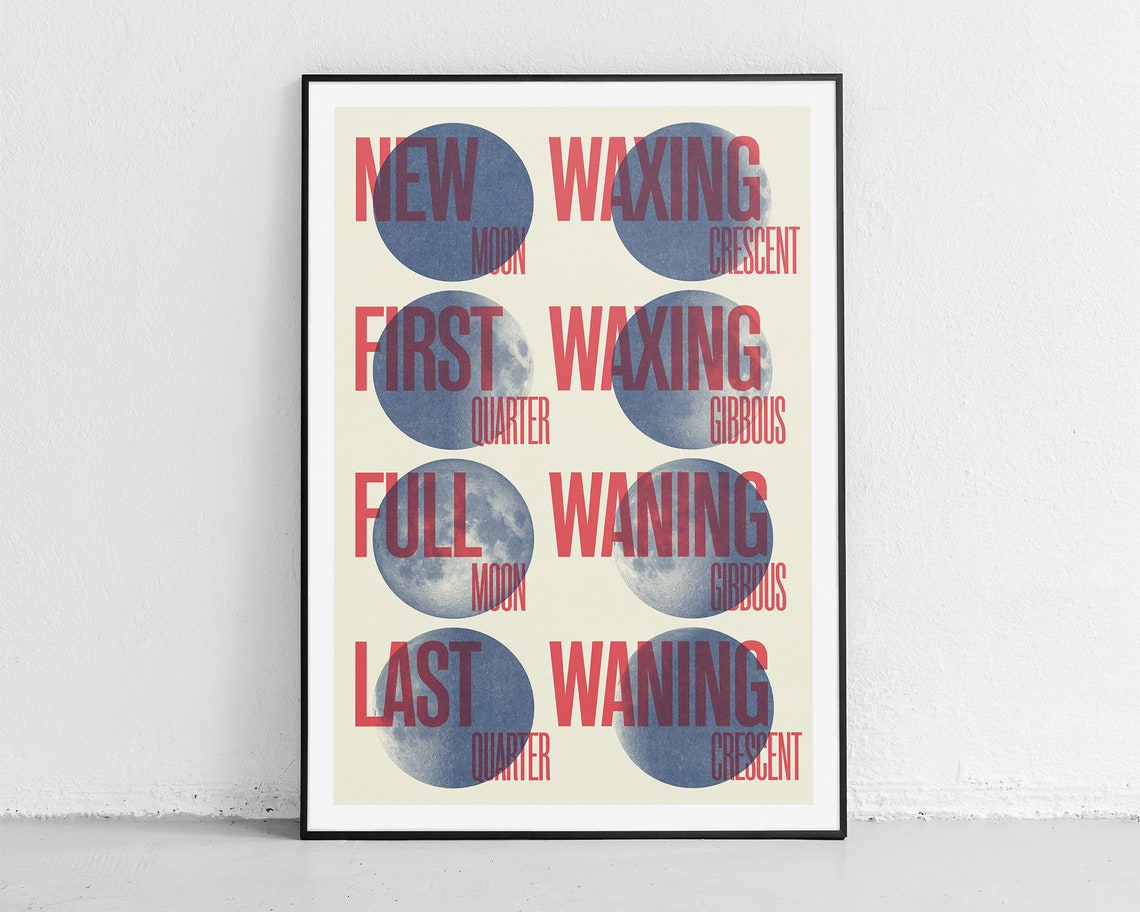 Lunar Symphony Minimalist Moon Phases Risograph Typography Art Poster