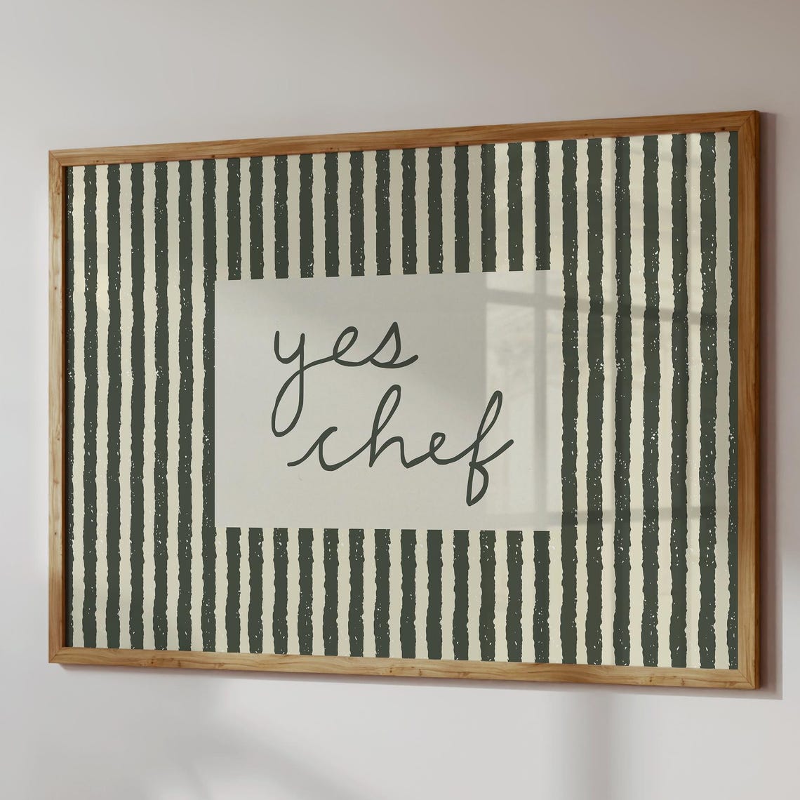 Yes Chef Green Striped Modern Script Kitchen Typography Poster