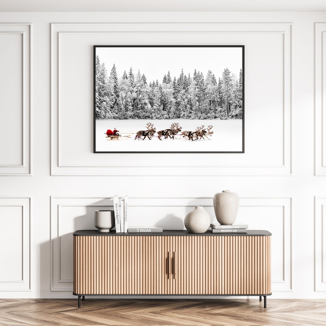 Santa Claus Sleigh Reindeer Team Snowy Forest Christmas Poster - Image 2