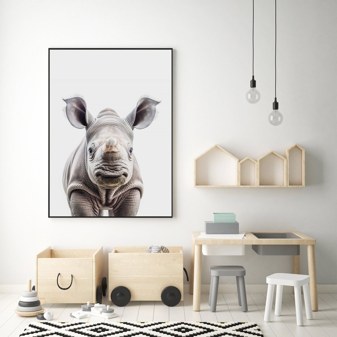 Baby Rhino Nursery Portrait Cute Grey Calf Minimalist Art Print - Image 3