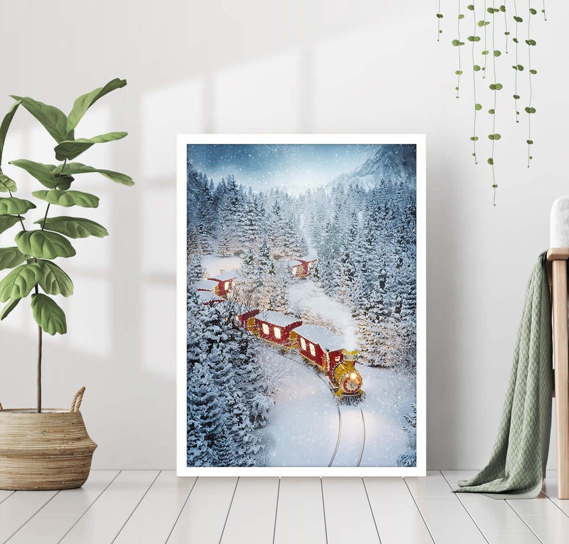 Vintage Christmas Train Snowy Pine Forest Night Holiday Wall Art - Image 3