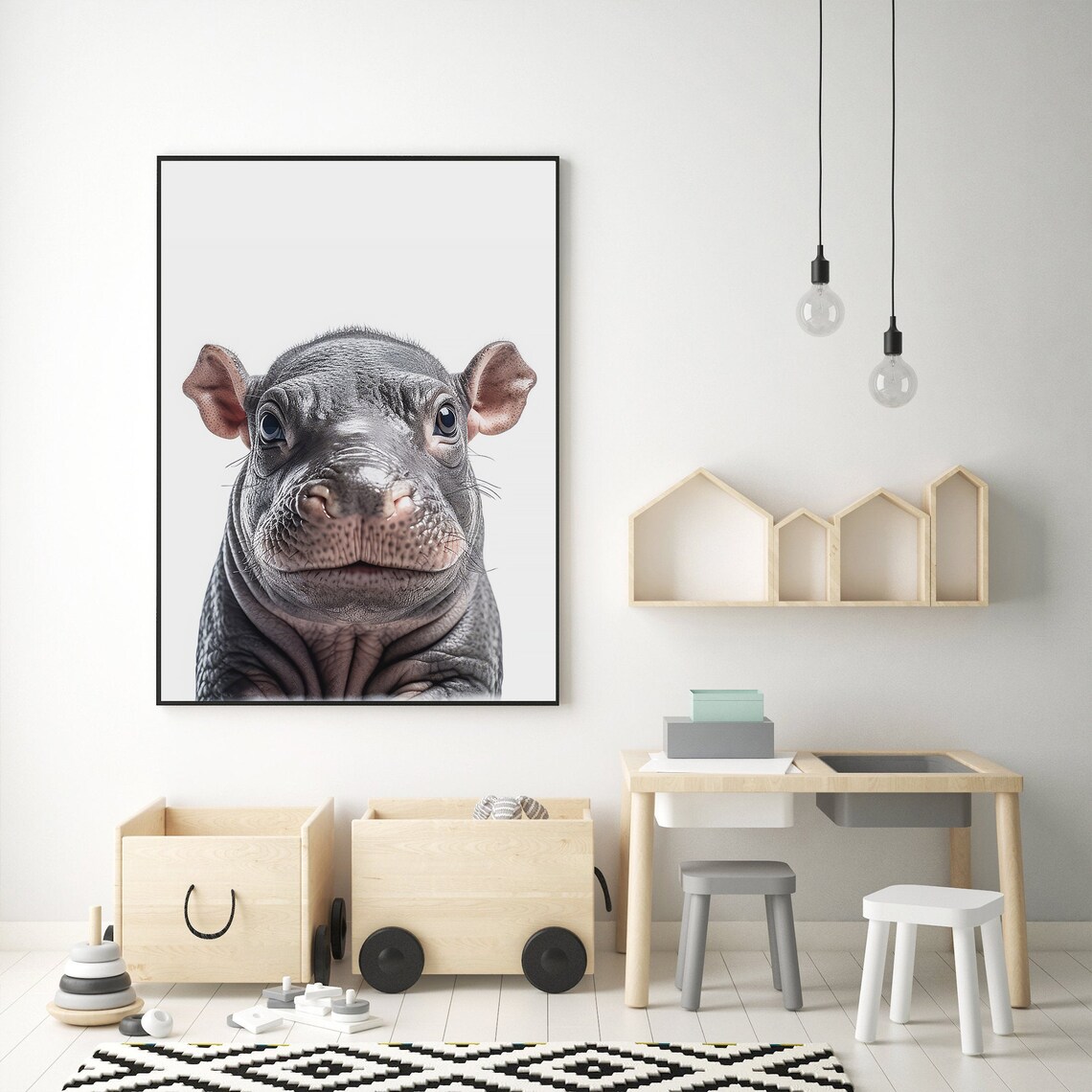Baby Hippo Nursery Portrait Cute Grey Calf Minimalist Art Print - Image 3