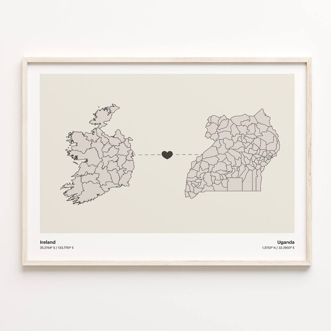 Ireland to Uganda Heart Map Long Distance Love Art Gift Poster