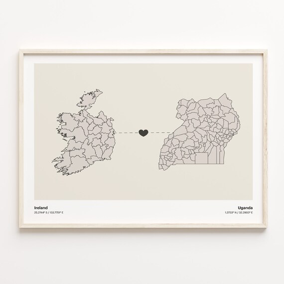 Ireland to Uganda Heart Map Long Distance Love Art Gift Poster