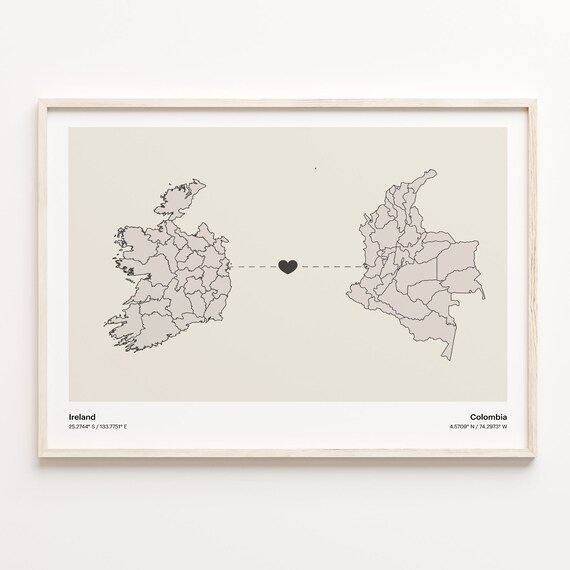 Ireland To Colombia Minimalist Heart Map Long Distance Love Poster