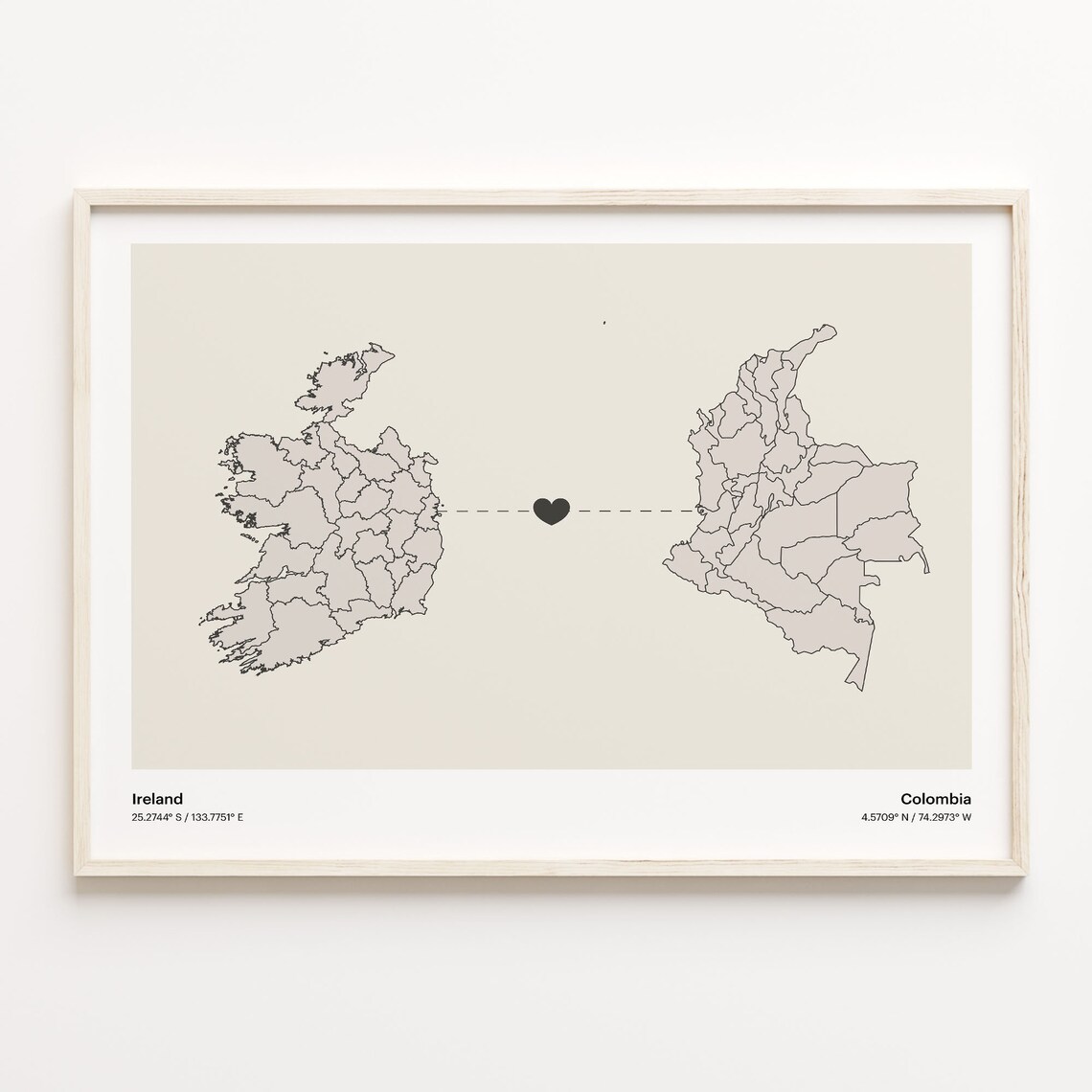 Ireland To Colombia Minimalist Heart Map Long Distance Love Poster