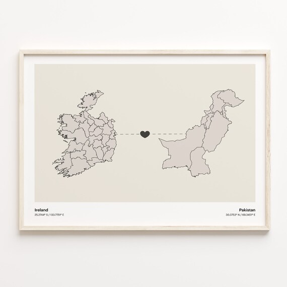 Ireland and Pakistan Couple Long Distance Love Heart Map Poster
