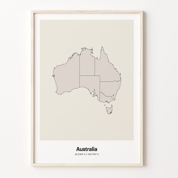 Australia Minimalist Country Map Line Art Travel Coordinates Gift Poster