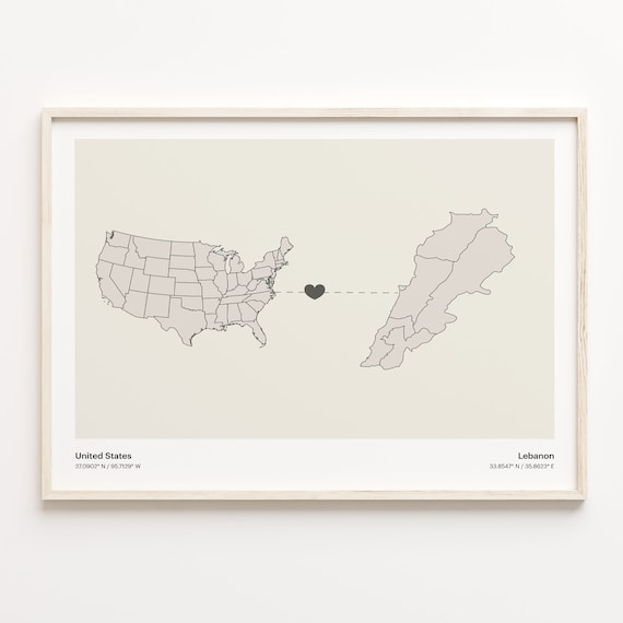United States to Lebanon Minimalist Heart Map Connection Poster