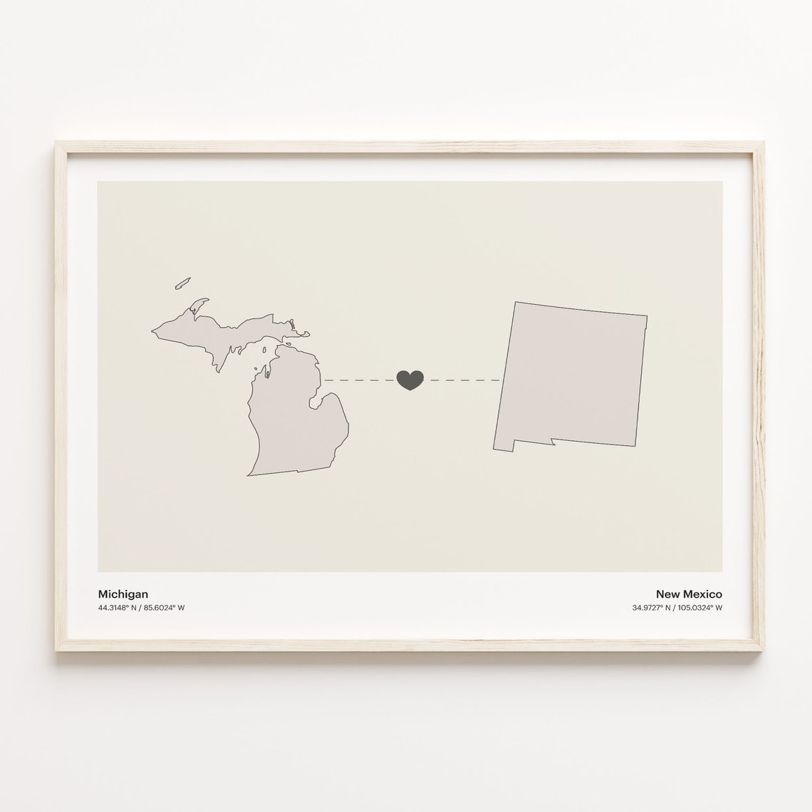 Michigan To New Mexico Minimalist Heart Map Connection Print