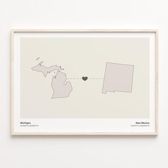 Michigan To New Mexico Minimalist Heart Map Connection Print