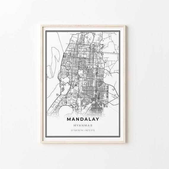 Mandalay Myanmar Minimalist Black White City Street Map Art Poster