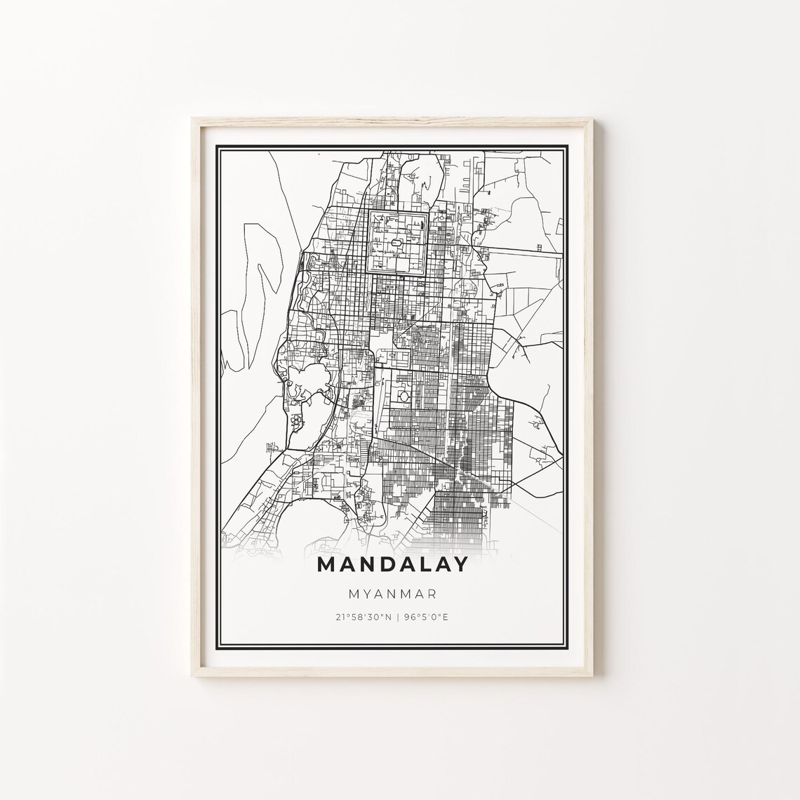 Mandalay Myanmar Minimalist Black White City Street Map Art Poster