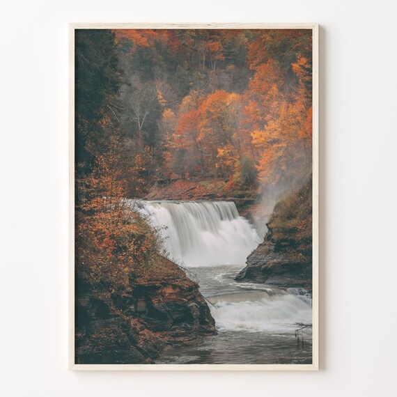 Autumn Waterfall Cascading Through Fall Foliage Forest Poster
