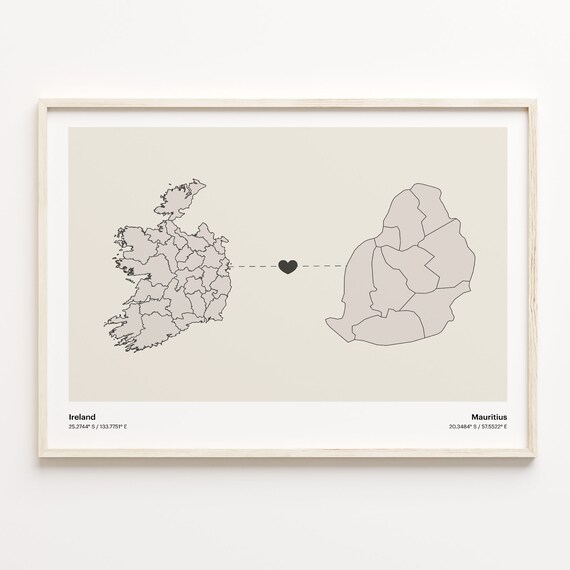 Ireland to Mauritius Minimalist Heart Connection Love Map Poster
