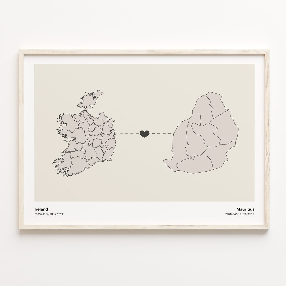 Ireland to Mauritius Minimalist Heart Connection Love Map Poster