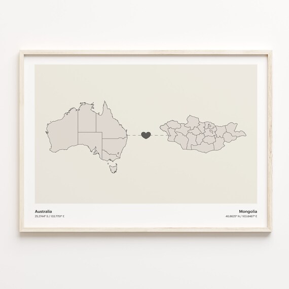 Australia Mongolia Heart Connection Minimalist Country Map Love Poster
