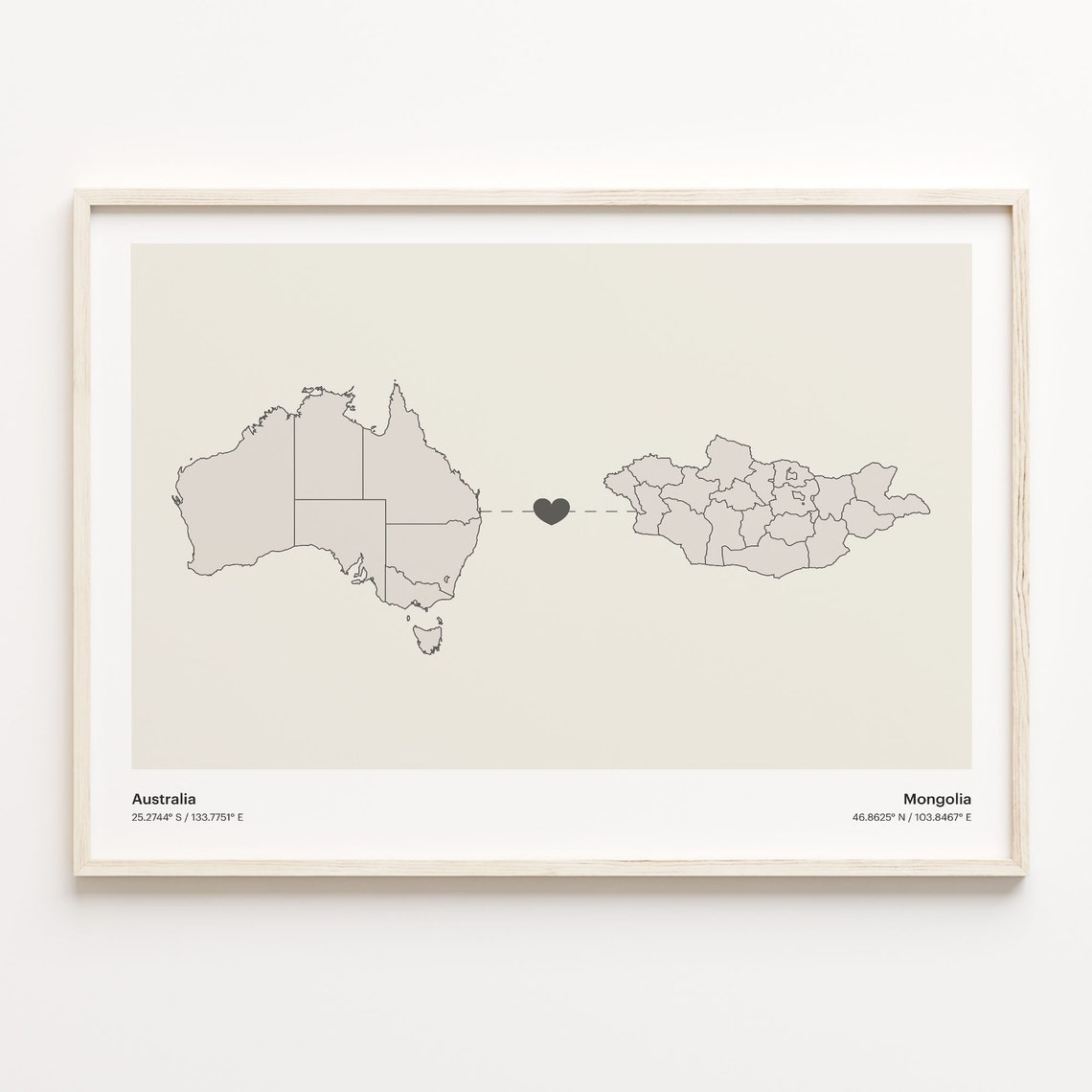 Australia Mongolia Heart Connection Minimalist Country Map Love Poster