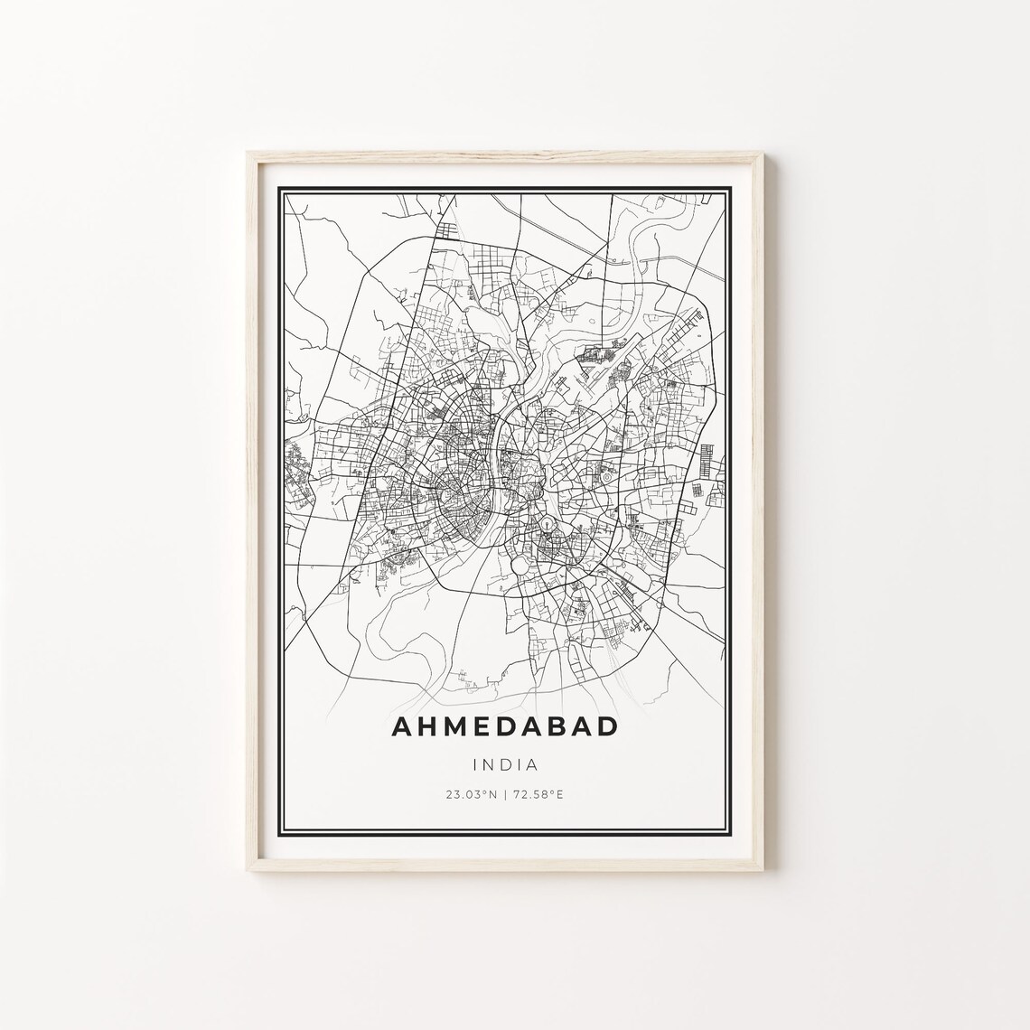 Ahmedabad India Modern Minimalist Black and White City Map Poster