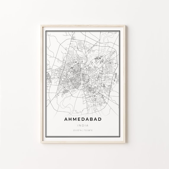 Ahmedabad India Modern Minimalist Black and White City Map Poster