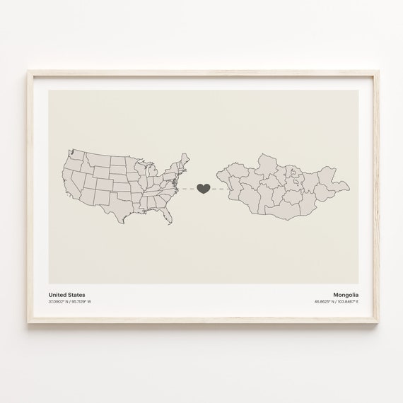 United States to Mongolia Minimalist Country Map Print