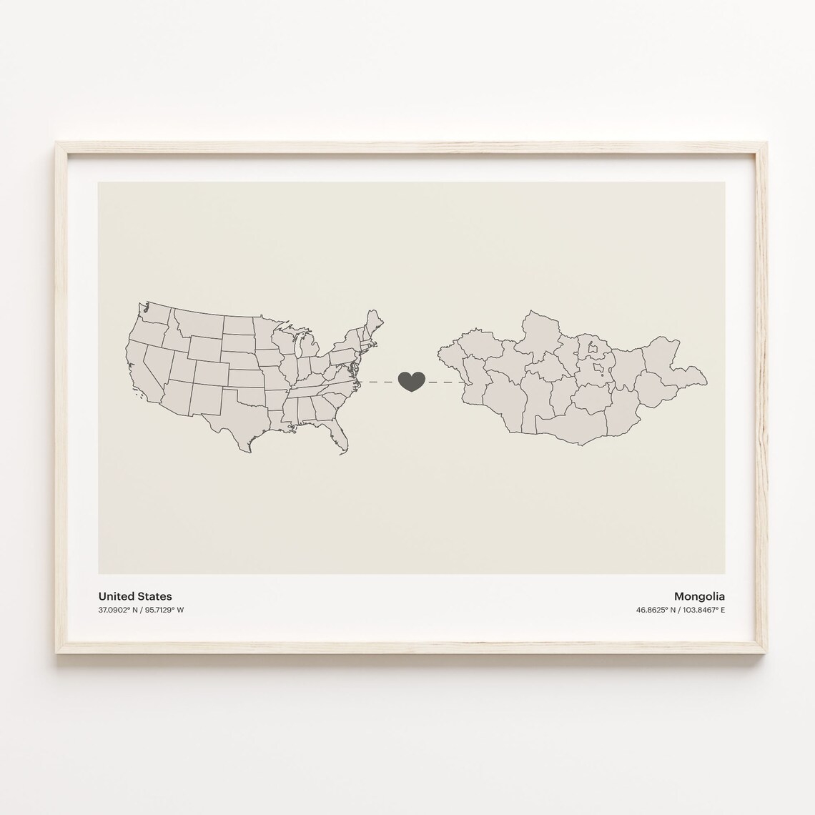 United States to Mongolia Minimalist Country Map Print