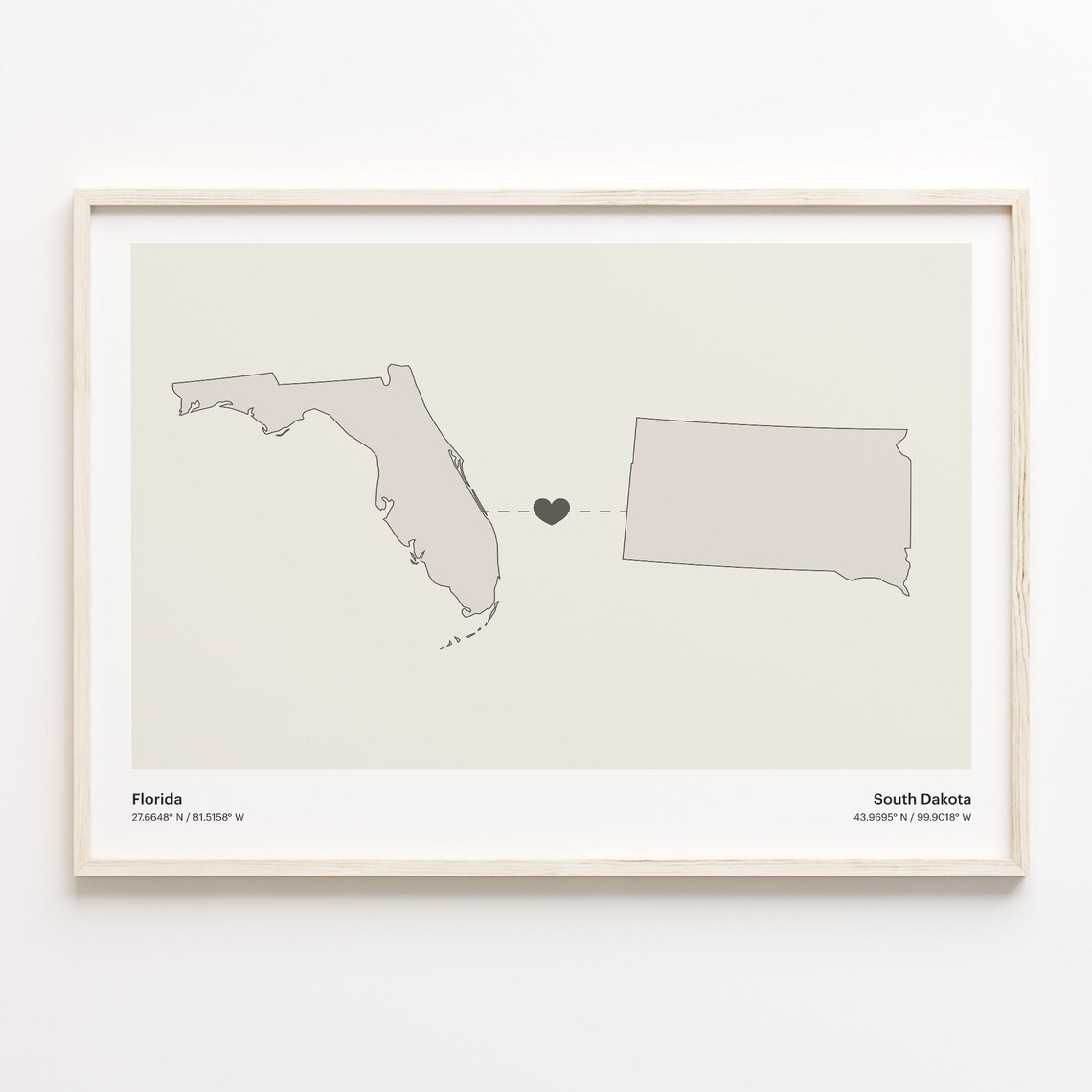 Florida to South Dakota Heart Map Long Distance Love Art Poster