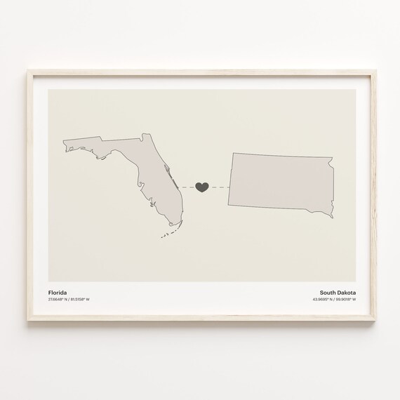 Florida to South Dakota Heart Map Long Distance Love Art Poster