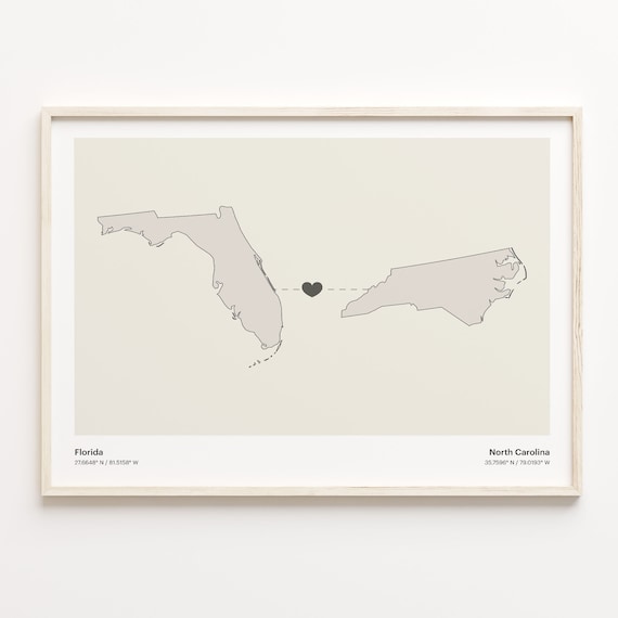 Florida to North Carolina Heart Connection Map Long Distance Gift Poster