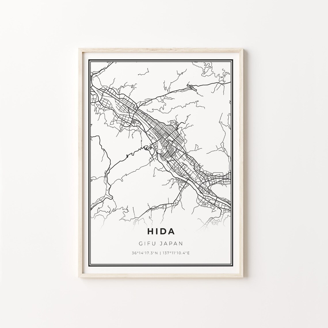 Hida Gifu Japan Minimalist Black and White City Street Map Poster