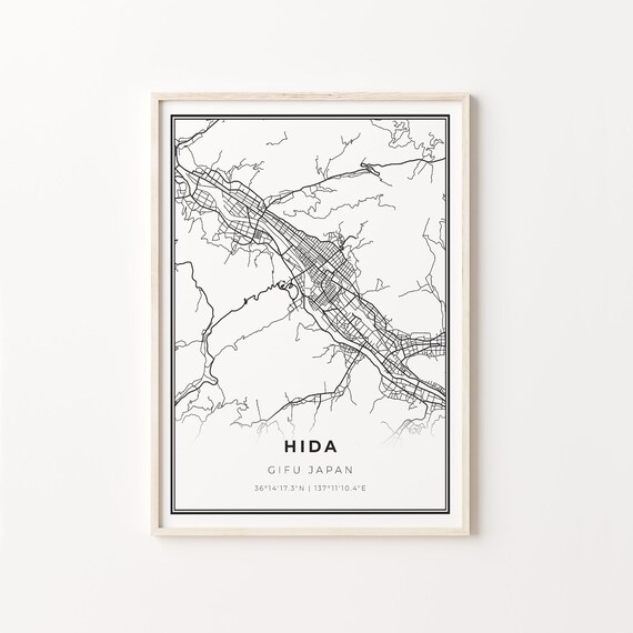 Hida Gifu Japan Minimalist Black and White City Street Map Poster