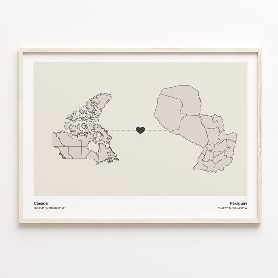 Canada Paraguay Heart Connection Map Minimalist Long Distance Gift Poster